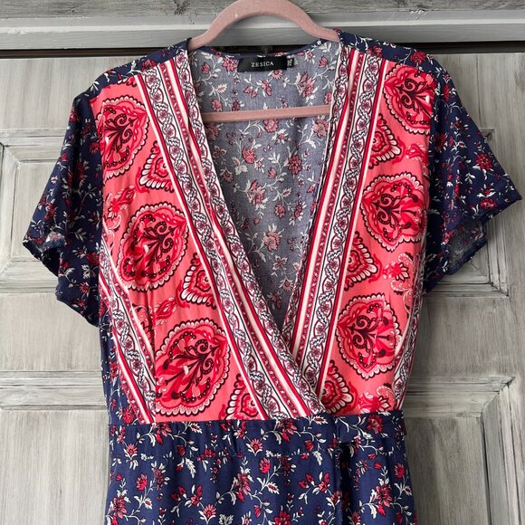 Zesica Boho Wrap Dress Blue Red Pink Floral with Ruffle Bottom Size 2XL - Picture 2 of 6